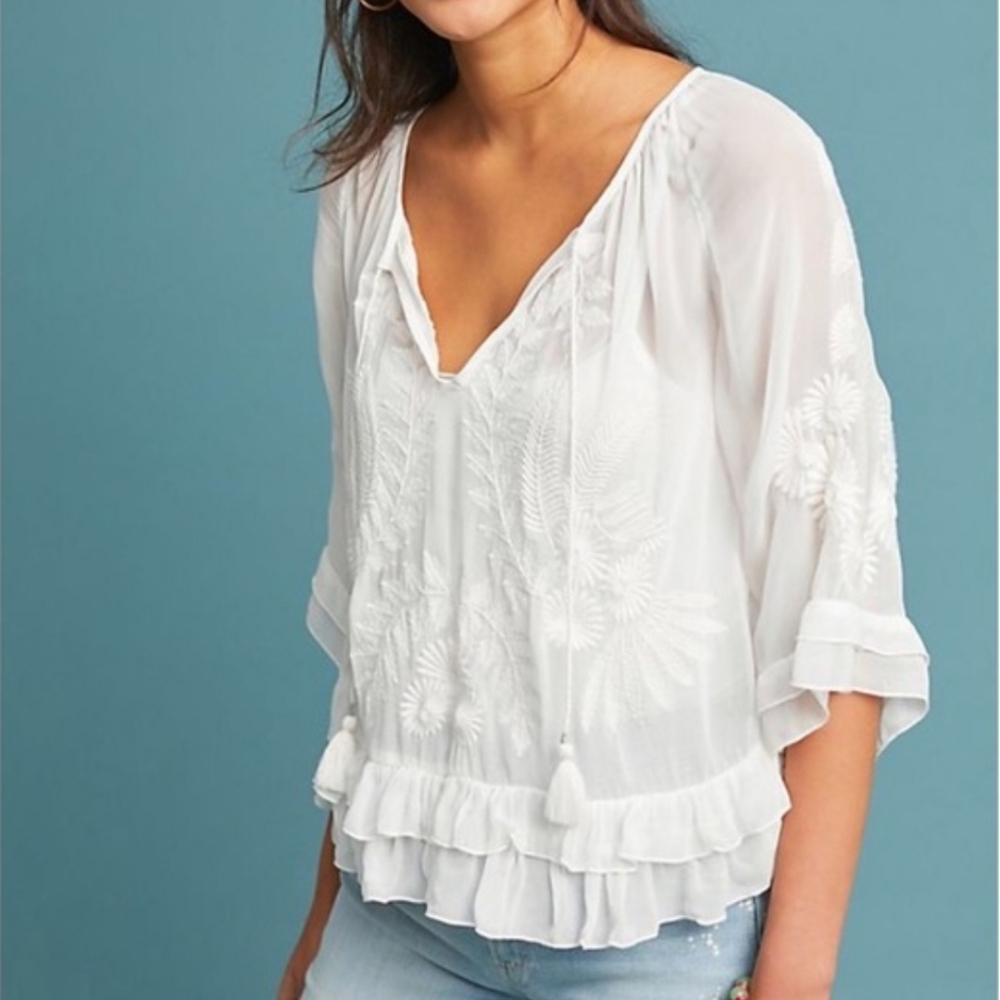 Anthropologie White Embroidered Ruffle Peasant Blouse